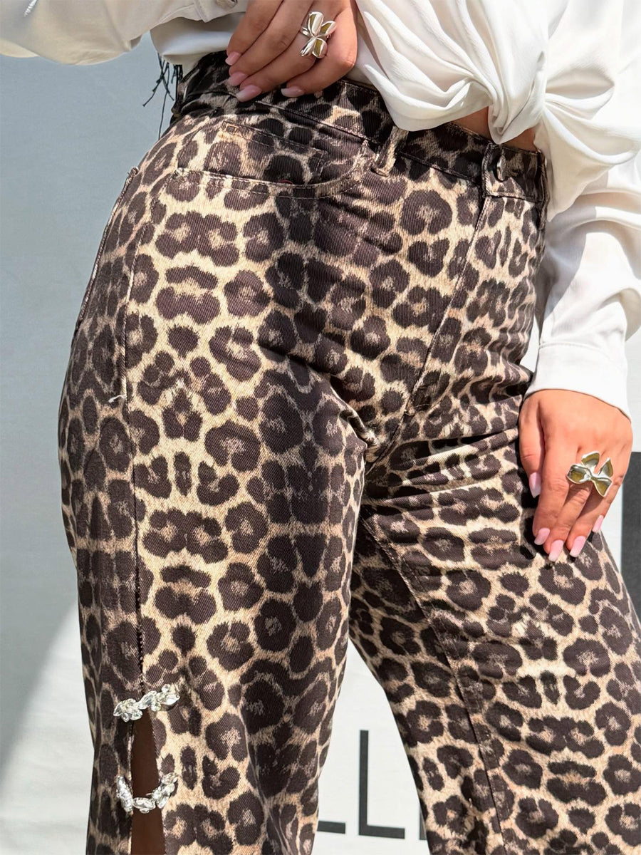 Rhinestone Sparkle Leopard-Print Wide-Leg Pants