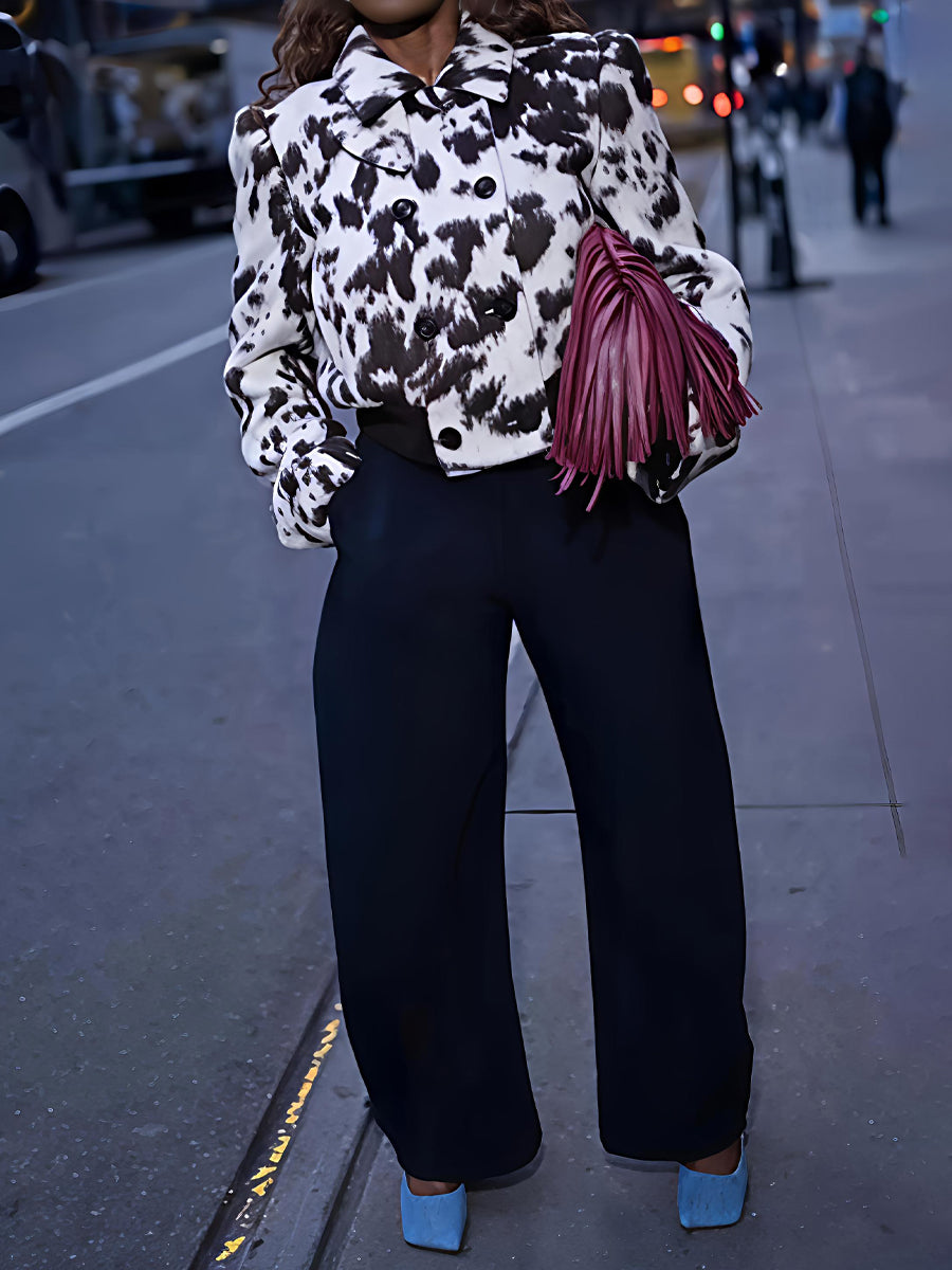 Black and White Spotted Faux Fur Cropped Double - Breasted Jacket