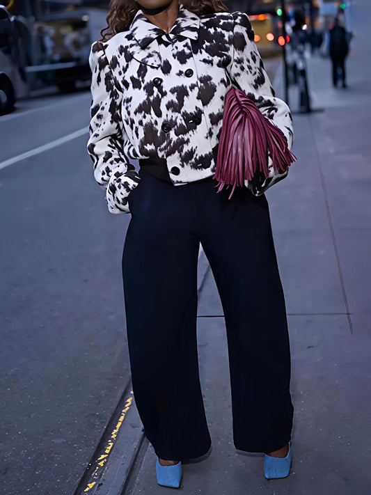 Black and White Spotted Faux Fur Cropped Double - Breasted Jacket