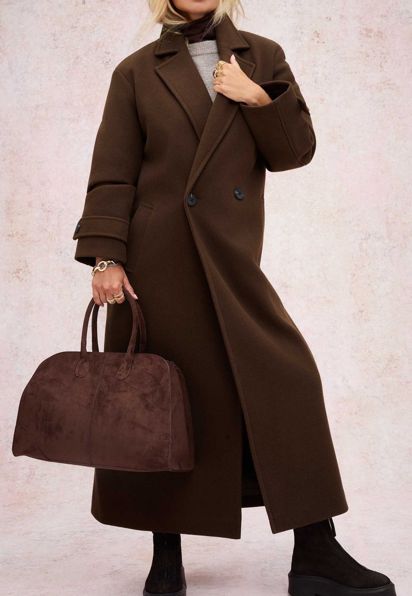 Chocolate Brown Double - Breasted Maxi Wool Coat