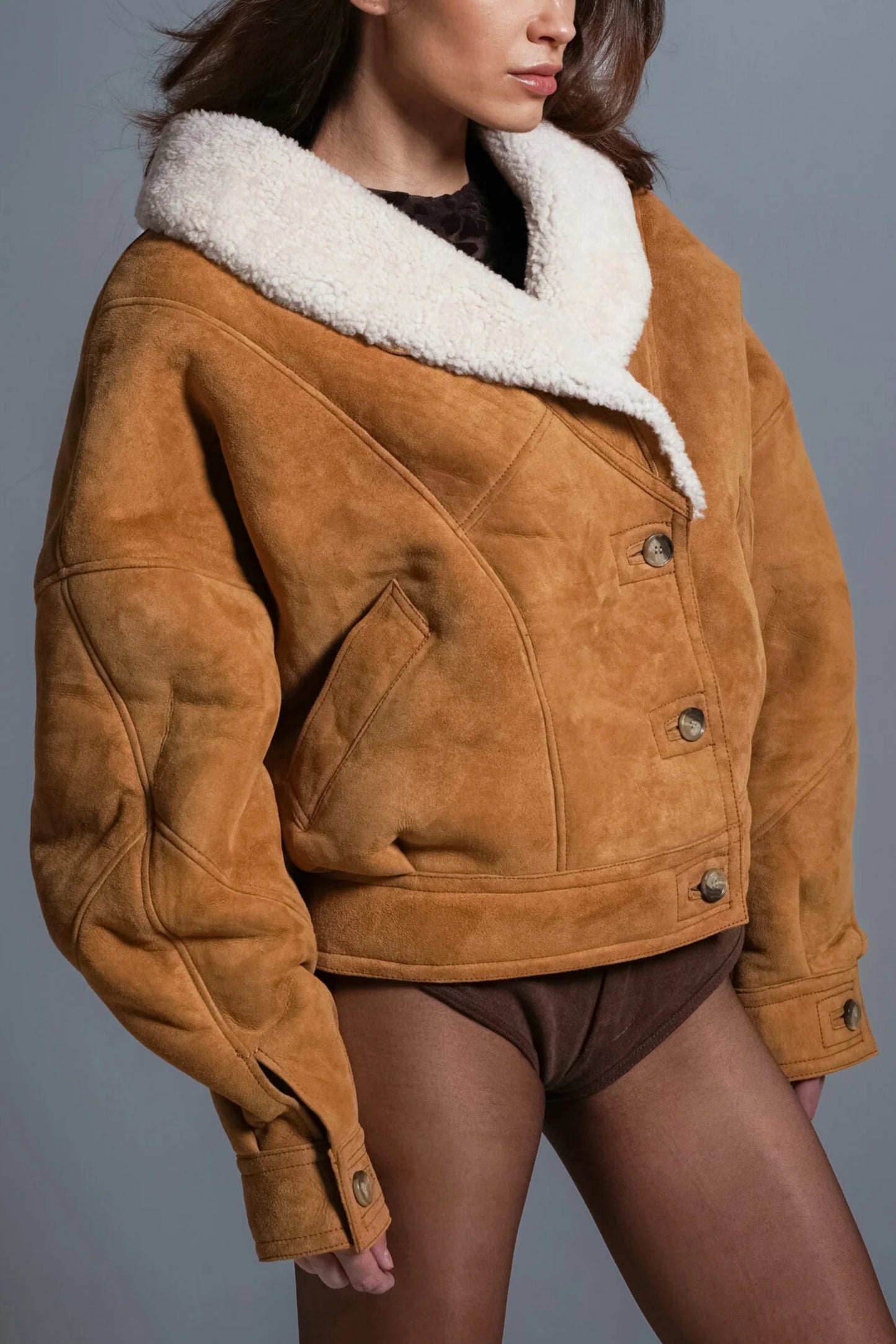 Tan Suede Shearling - Lined Cropped Jacket with Oversized Collar