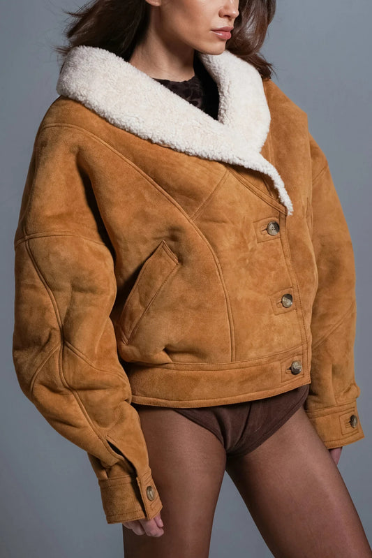 Tan Suede Shearling - Lined Cropped Jacket with Oversized Collar