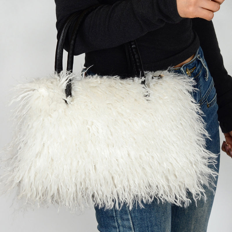 Imitation Wool Tote Bag With Genuine Leather Handles Handbag