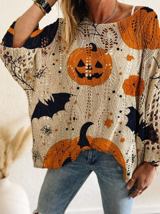 Women's Halloween pumpkin print long-sleeved knit top, casual and elegant resort style sweater with loose bat shoulders