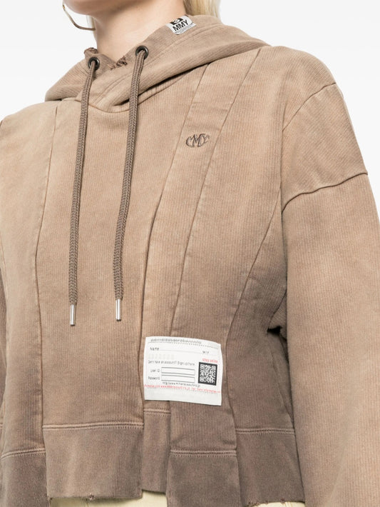 Distressed Cotton Cropped Hoodie - Beige with Raw Hem & Label Detail
