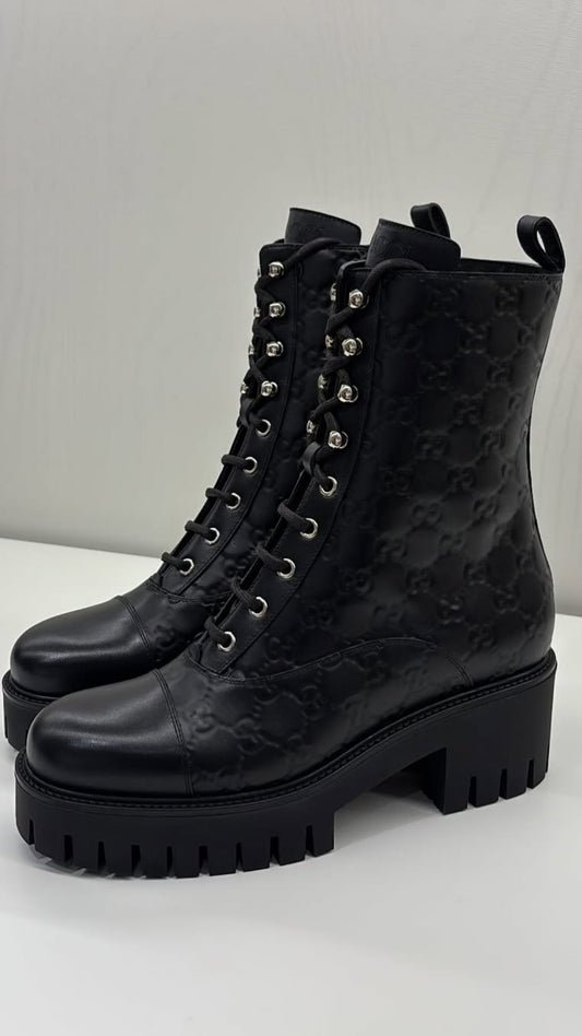 Black Embossed Logo Lace - Up Platform Ankle Boots