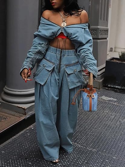 Women's Denim Two-Piece Suit (Zip Long-Sleeve Cropped Jacket + Wide-Leg Pants)