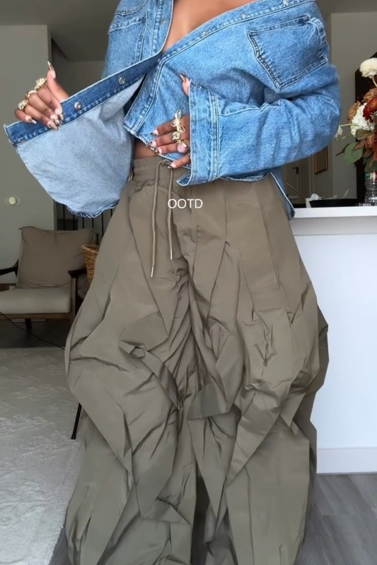 Olive Wavy Oversized Wide Leg Ruffle Drawstring Elastic Waist Jogger Pants