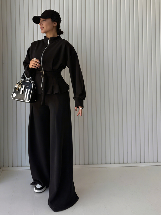 Women's Zip - Up Belted Jacket & Wide - Leg Pants Set