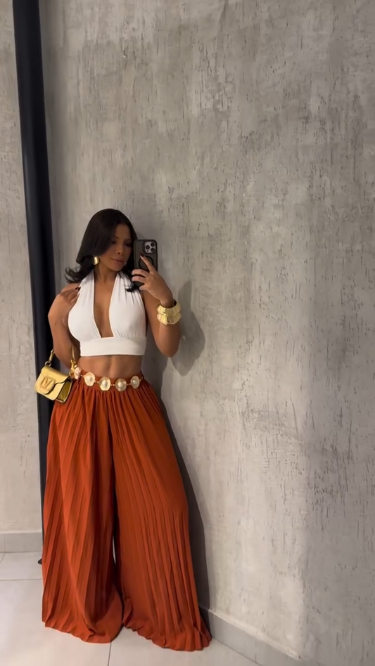 Women's High-Waisted Pleated Wide-Leg Pants - Rust Orange Flowy Trousers