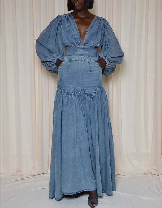 Women's Deep V-neck Backless Denim Long Skirt Two-Piece Set