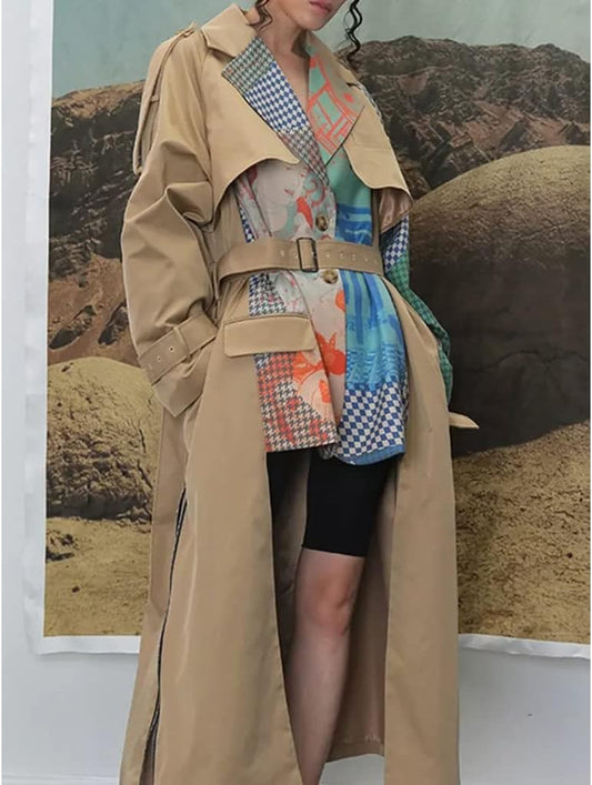Fashion women's trench coat lapel loose single-breasted contrast color printing long trench coat women autumn