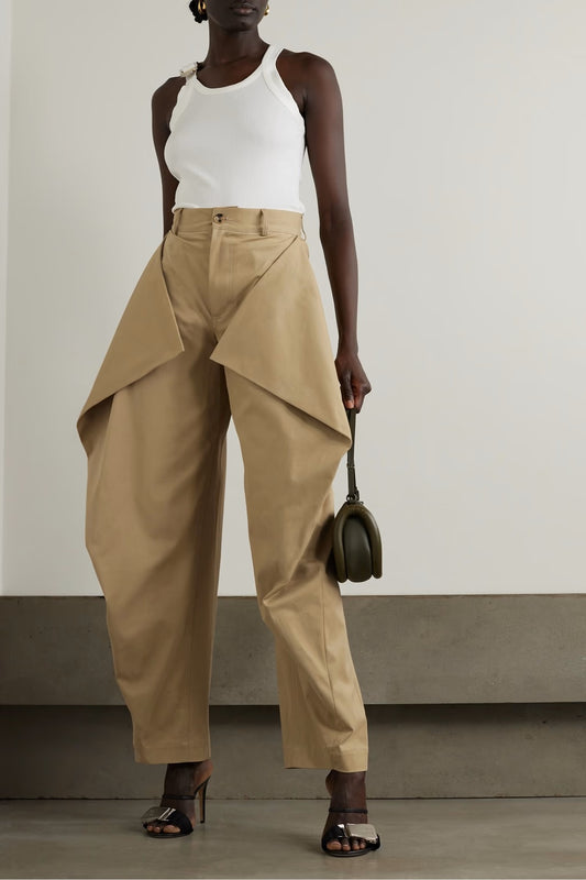 Women's High-Waisted Pants with Asymmetric Fold Details
