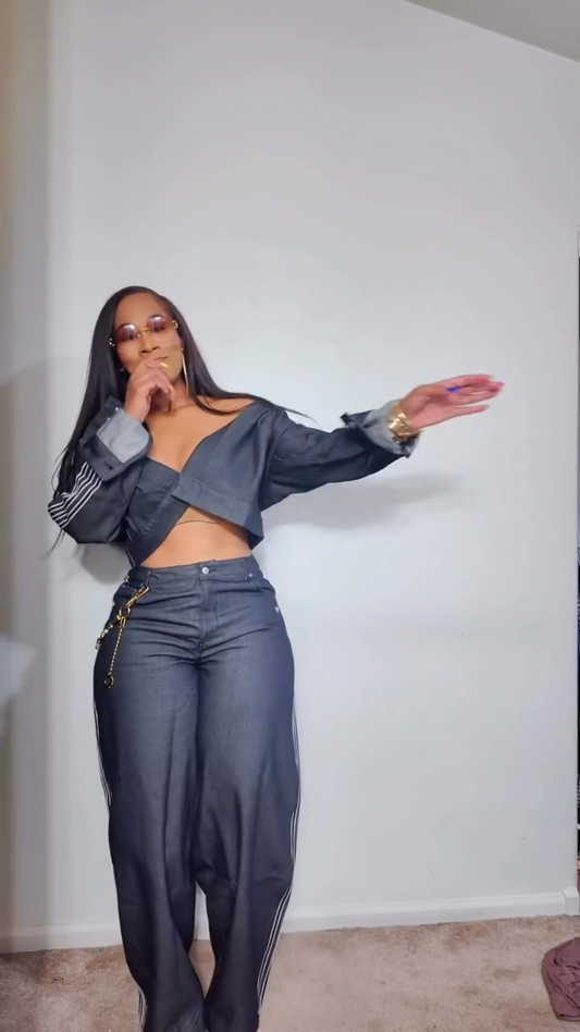 Women's Dark Denim Crop Jacket and Wide - Leg Pants Set with Striped Details