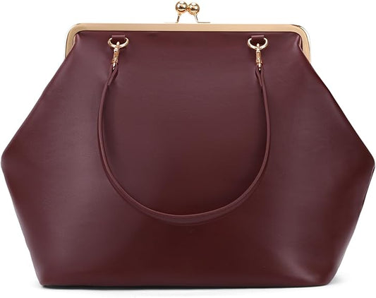 Large Women's Kiss Lock Bag PU Medium Top Handle Handbags Kiss Clasp Shoulder Bags Tote Purse Messenger Clutch