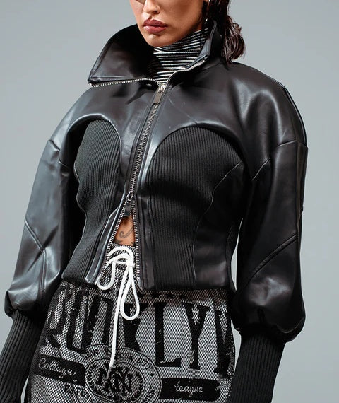 Faux Leather & Knit Panelled Cropped Jacket – Edgy Zip-Up with Puff Sleeves