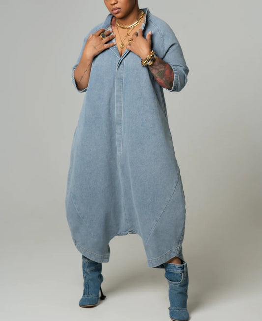 Plus Size Denim Harem Jumpsuit – Oversized Relaxed Fit with Half Sleeves