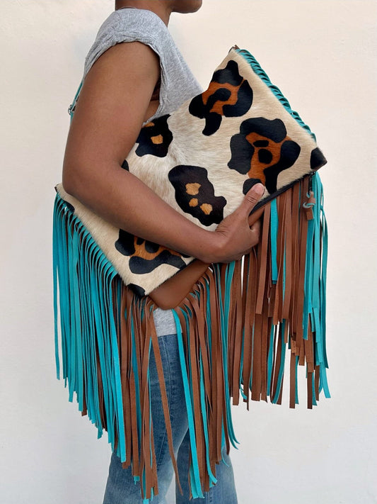 Leopard Print Fringe Crossbody Bag – Bohemian Style with Colorful Tassels