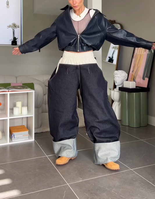 Oversized Wide-Leg Denim Trousers with Contrast Waistband and Cuffs