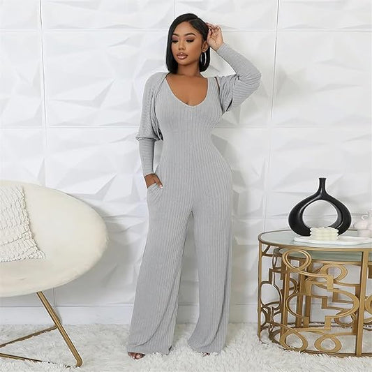 Women's Casual 2 Piece Outfits Ribbed Knitted Batwing Long Sleeve Cardigan Tank Wide Leg Jumpsuits Sets With Pocket