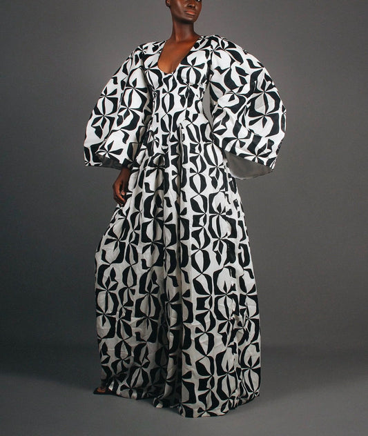 Abstract Print Balloon Sleeve Wide-Leg Jumpsuit