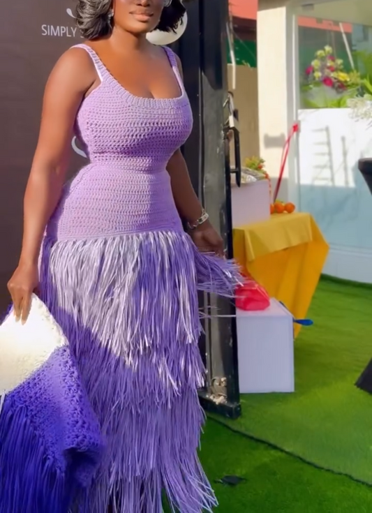 Lavender Crochet Tiered Fringe Midi Dress