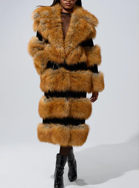 Brown Faux Fur Striped Long Coat