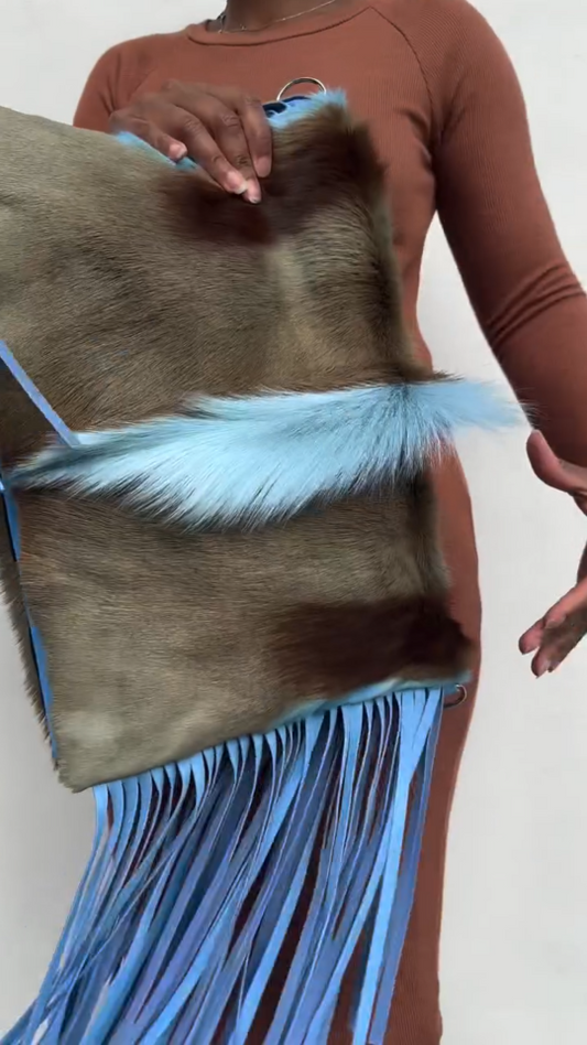 Blue Fringe Accent Faux Fur Clutch Bag