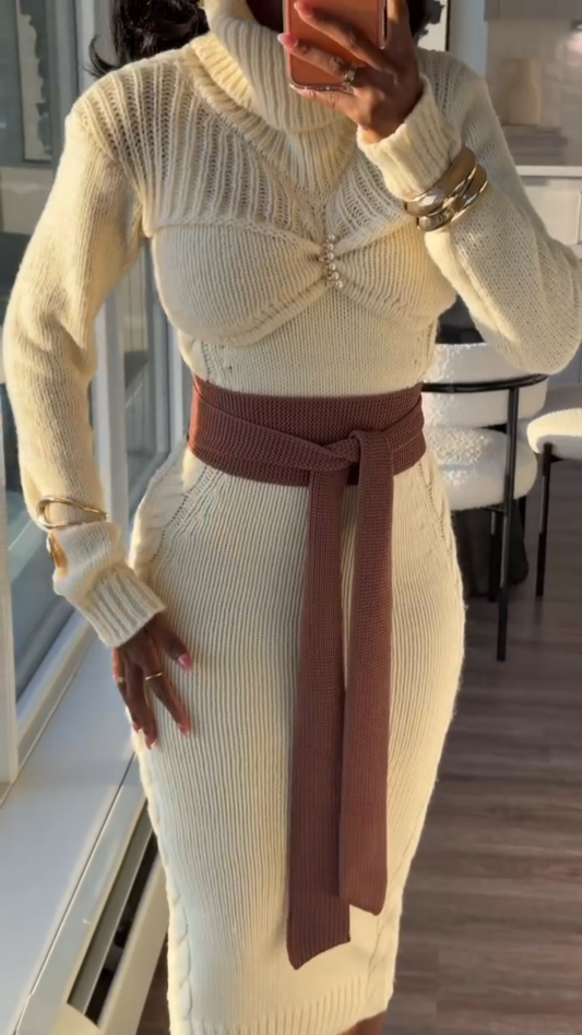 Cream Turtleneck Cable - Knit Midi Dress with Contrast Belt