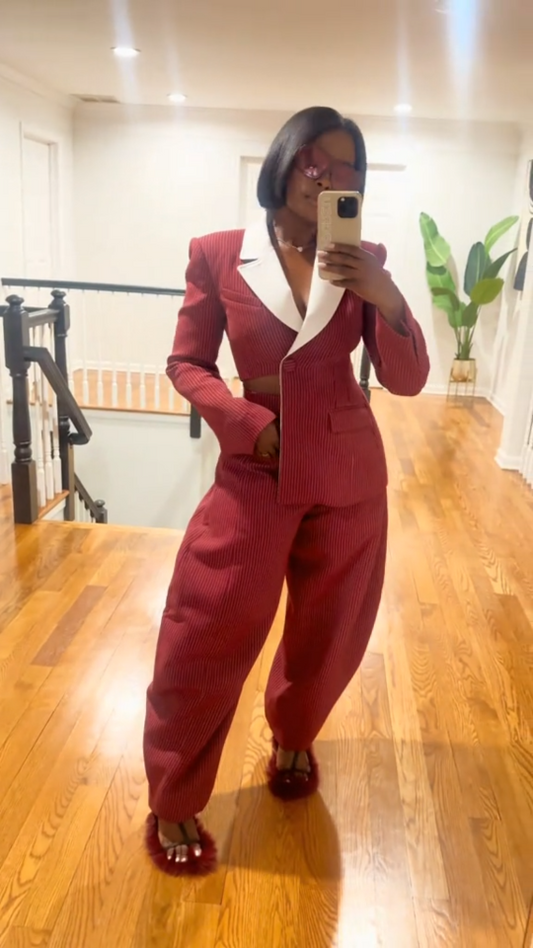 Red Pinstripe Contrast Collar Cutout Suit Set