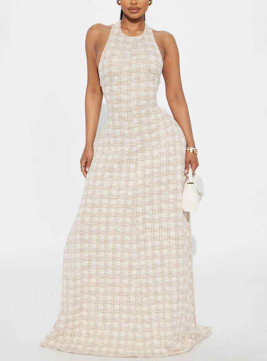 Plaid Halter Neck Open - Back Maxi Dress