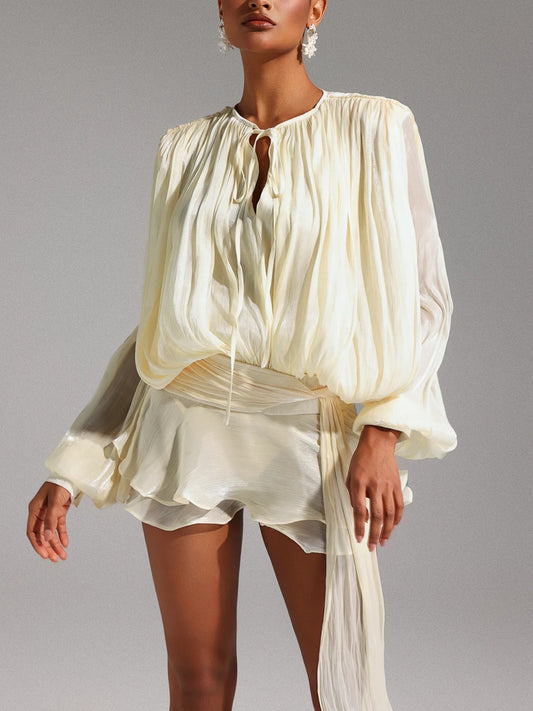 Creamy Tie - Neck Draped Long - Sleeve Romper