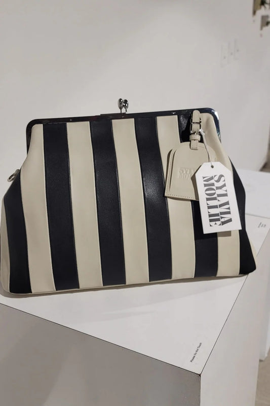 Black & White Striped Embossed Premium Leather Kisslock Clutch