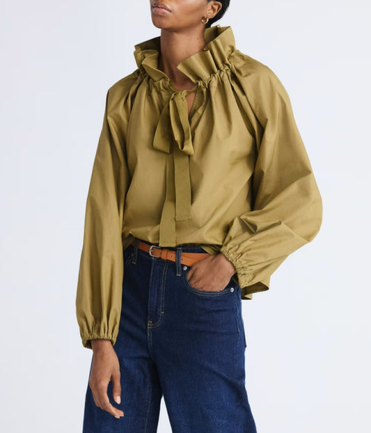 Women's Plus Size Ruffle Neck Cotton Top with Long Sleeves