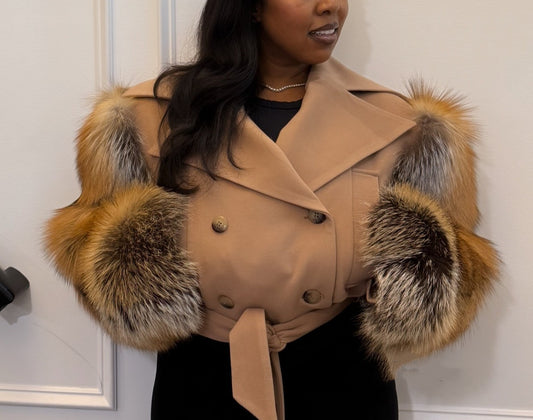 Tan Double - Breasted Faux Fur Sleeve Cropped Coat