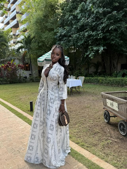 Ethnic Print Deep V - Neck Maxi Dress