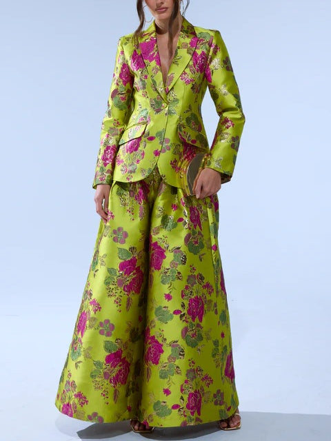 Women's Floral Print Blazer and Wide - Leg Pants Two - Piece Set