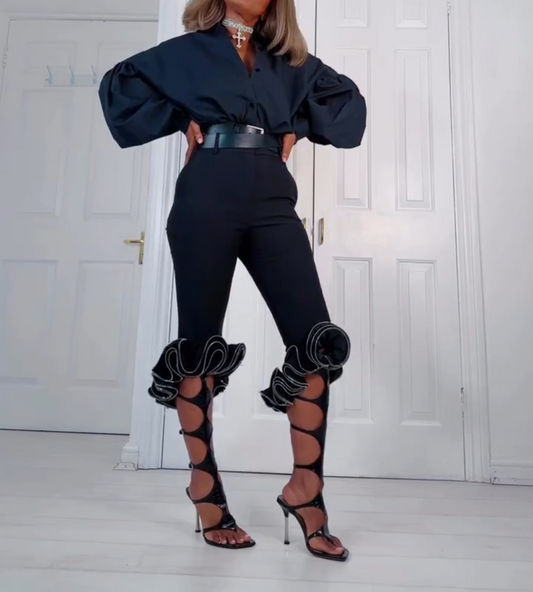 Dark Grey Pants with Ruffled Hem