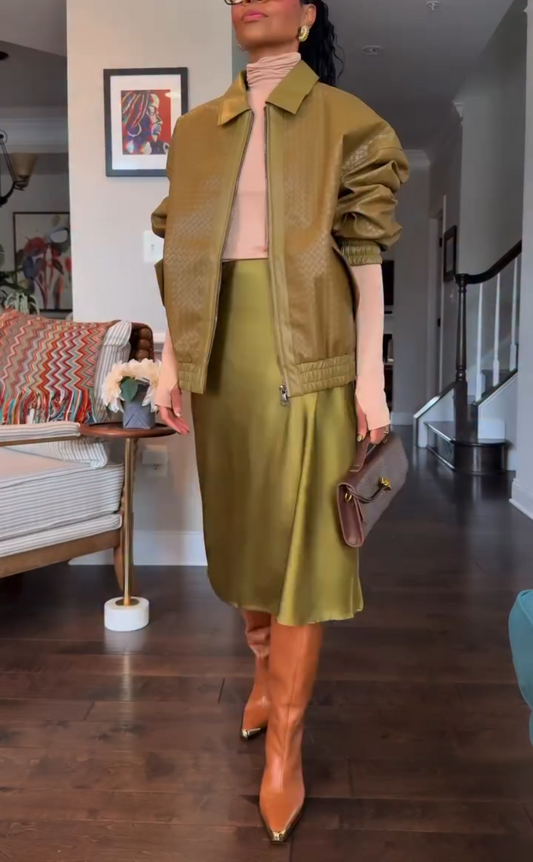Olive green textured leather zip-up jacket