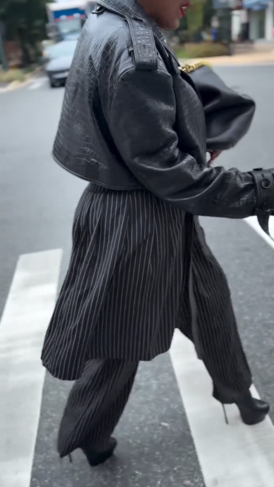 Black Pinstripe Wide - Leg Trousers with Extended Flap Detail