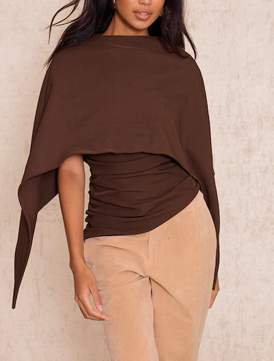 Brown Asymmetrical Poncho - style Top