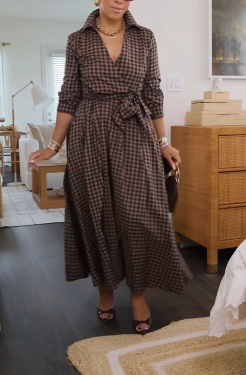 Brown Plaid Shirt Dress with Belted Waist