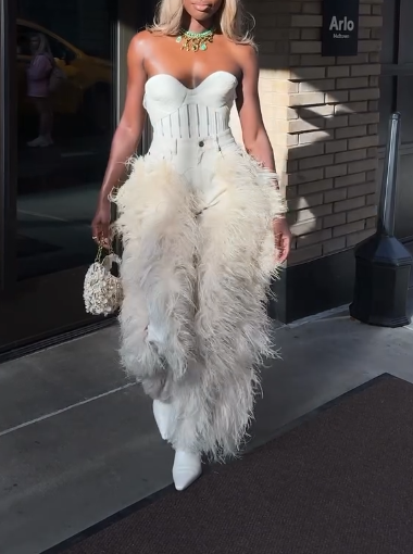Cream Feather - Trimmed Corset Jumpsuit