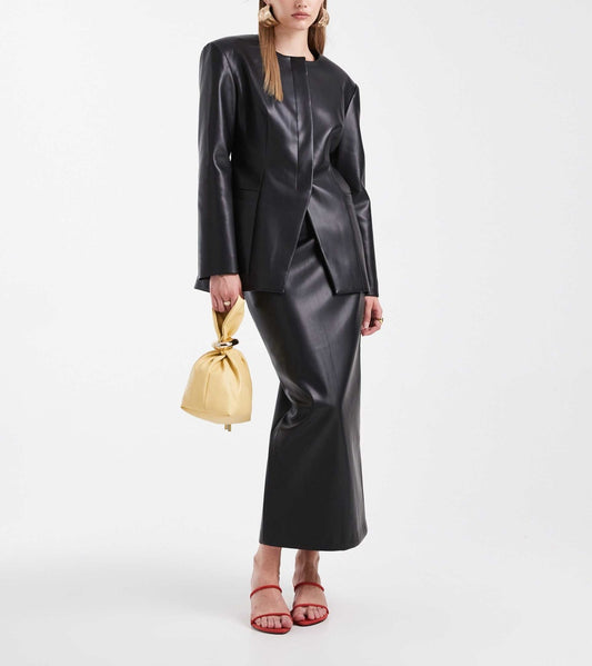 Black Faux Leather Structured Blazer & Midi Skirt Set
