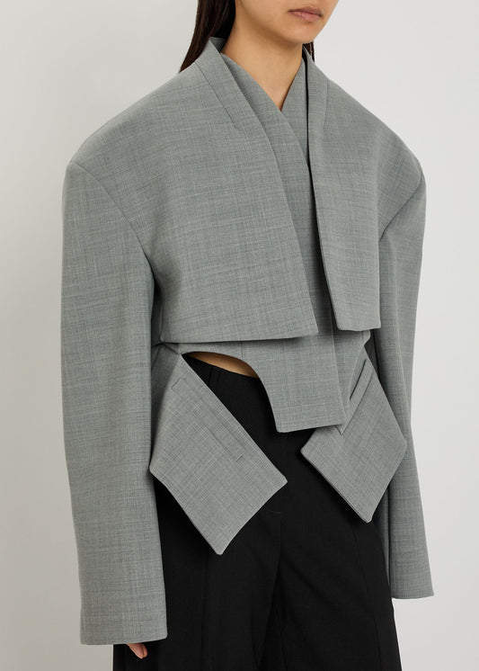 Grey Asymmetric Cropped Blazer with Architectural Cutouts