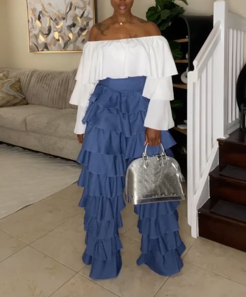 Blue Tiered Ruffle Wide - Leg Pants