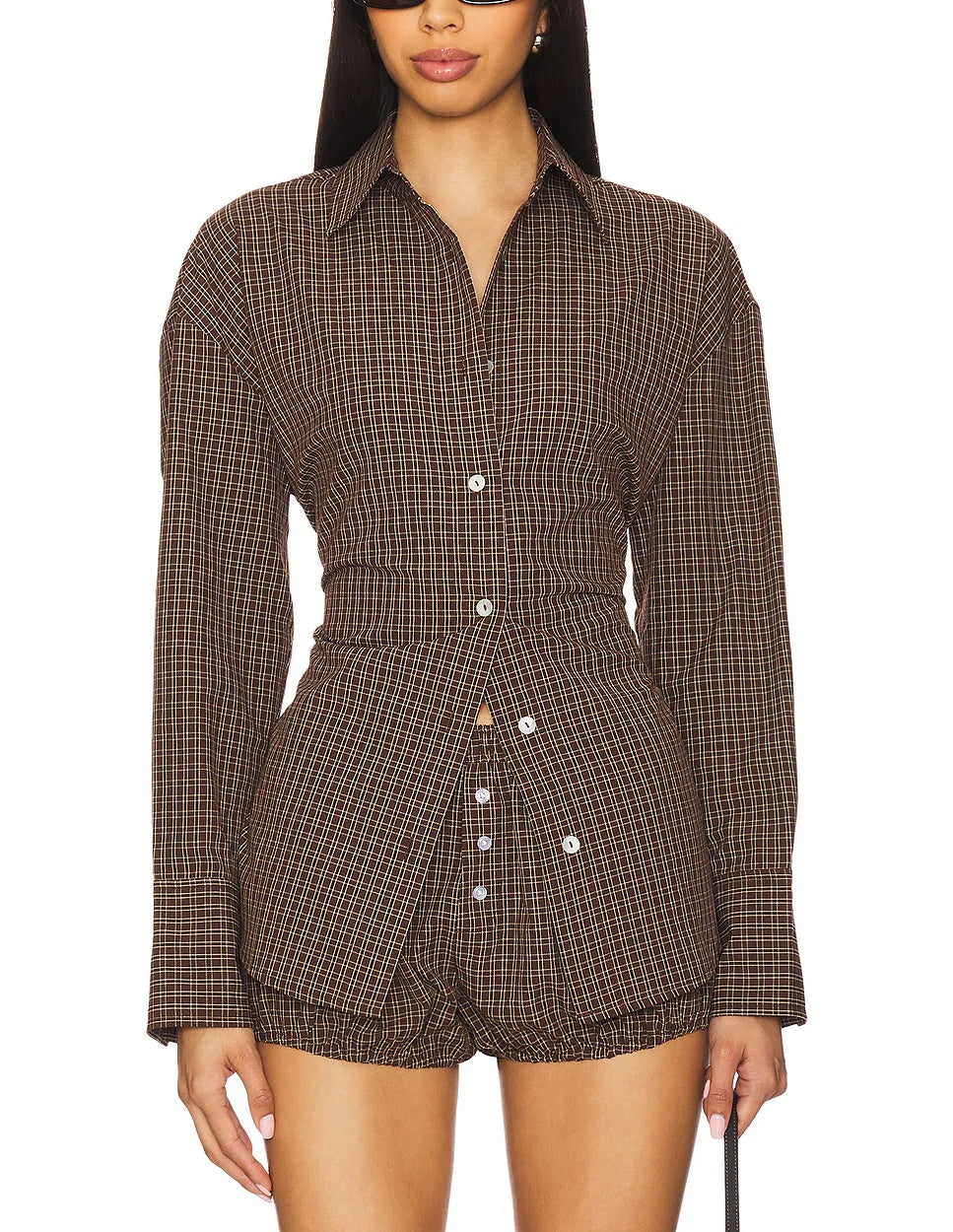 Brown Plaid Shirt Jacket with Back Lace - Up Waist Detail