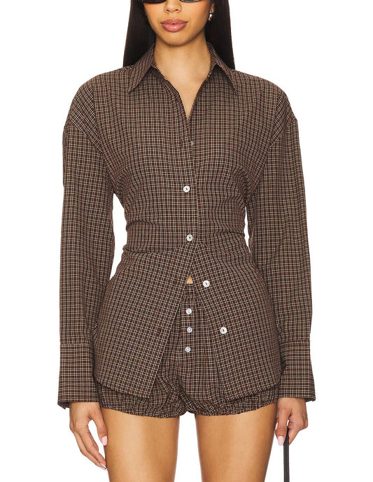 Brown Plaid Shirt Jacket with Back Lace - Up Waist Detail