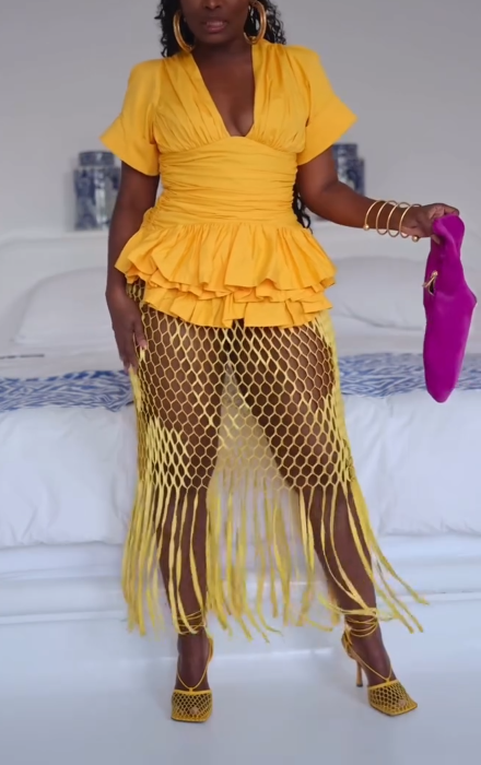 Yellow Deep V - Neck Ruffled Top with Mesh Fringe Skirt Se