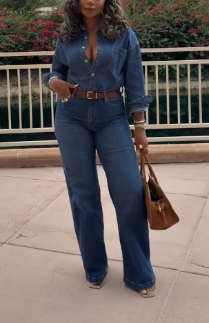 Dark Blue Denim Wide - Leg Jumpsuit with Belted Waist